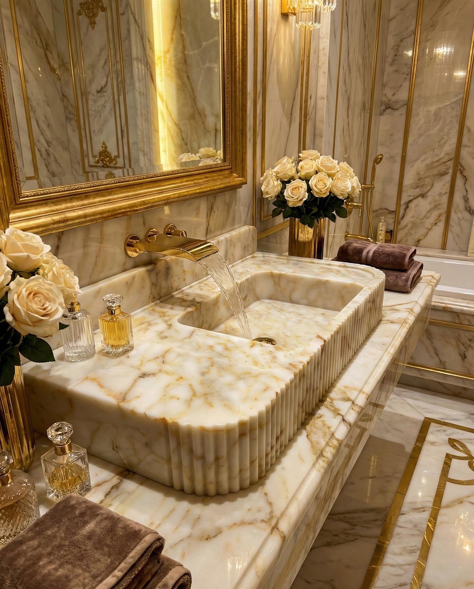 Calacatta Gold Mermer Lavabo – Sırt Panelli (Backsplash) Yivli Lüks Banyo Tezgahı