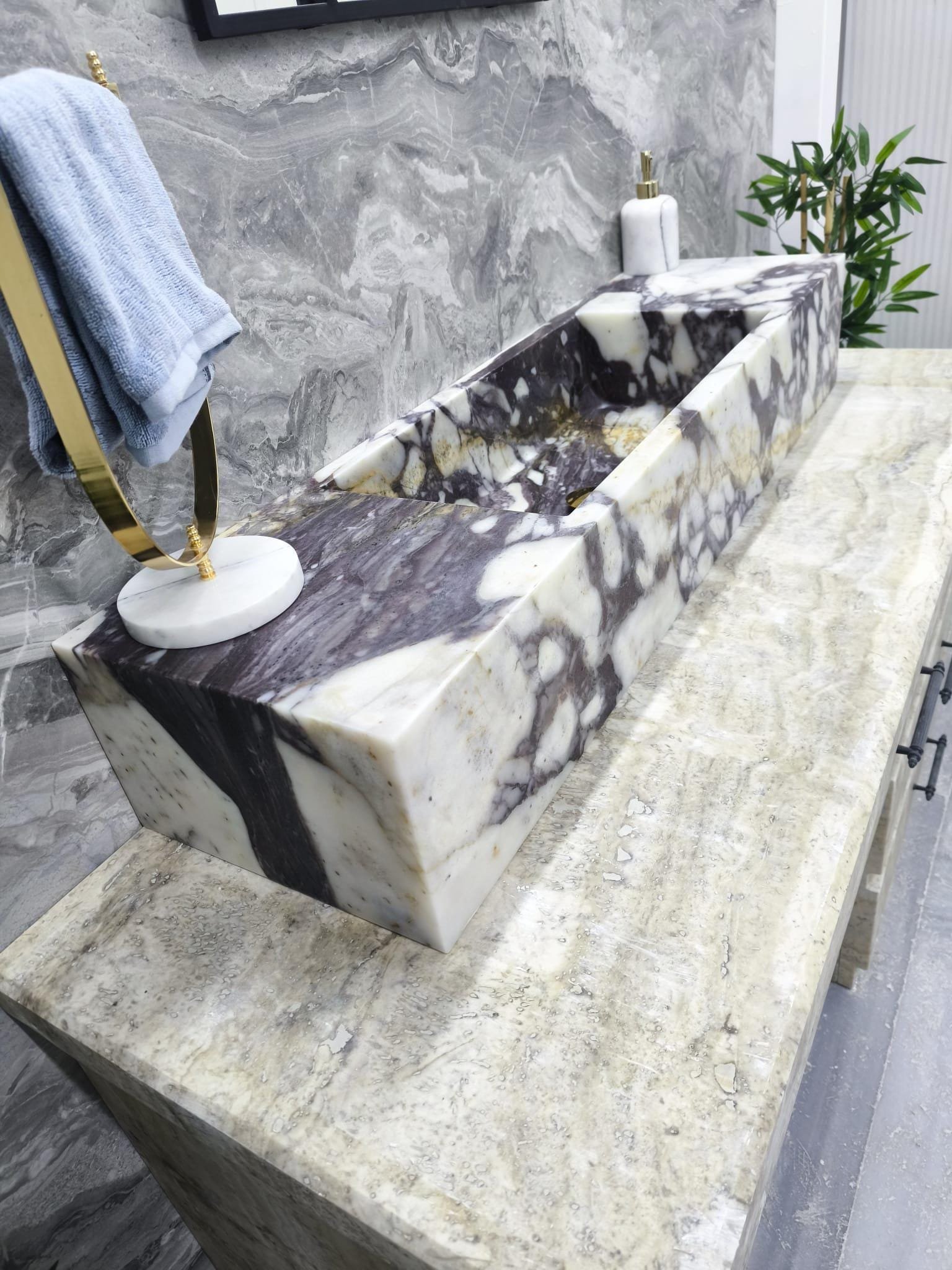 Calacatta Violet Mermer Lavabo – Modern Dikdörtgen Lüks Banyo Tezgahı (48") - Görsel 5