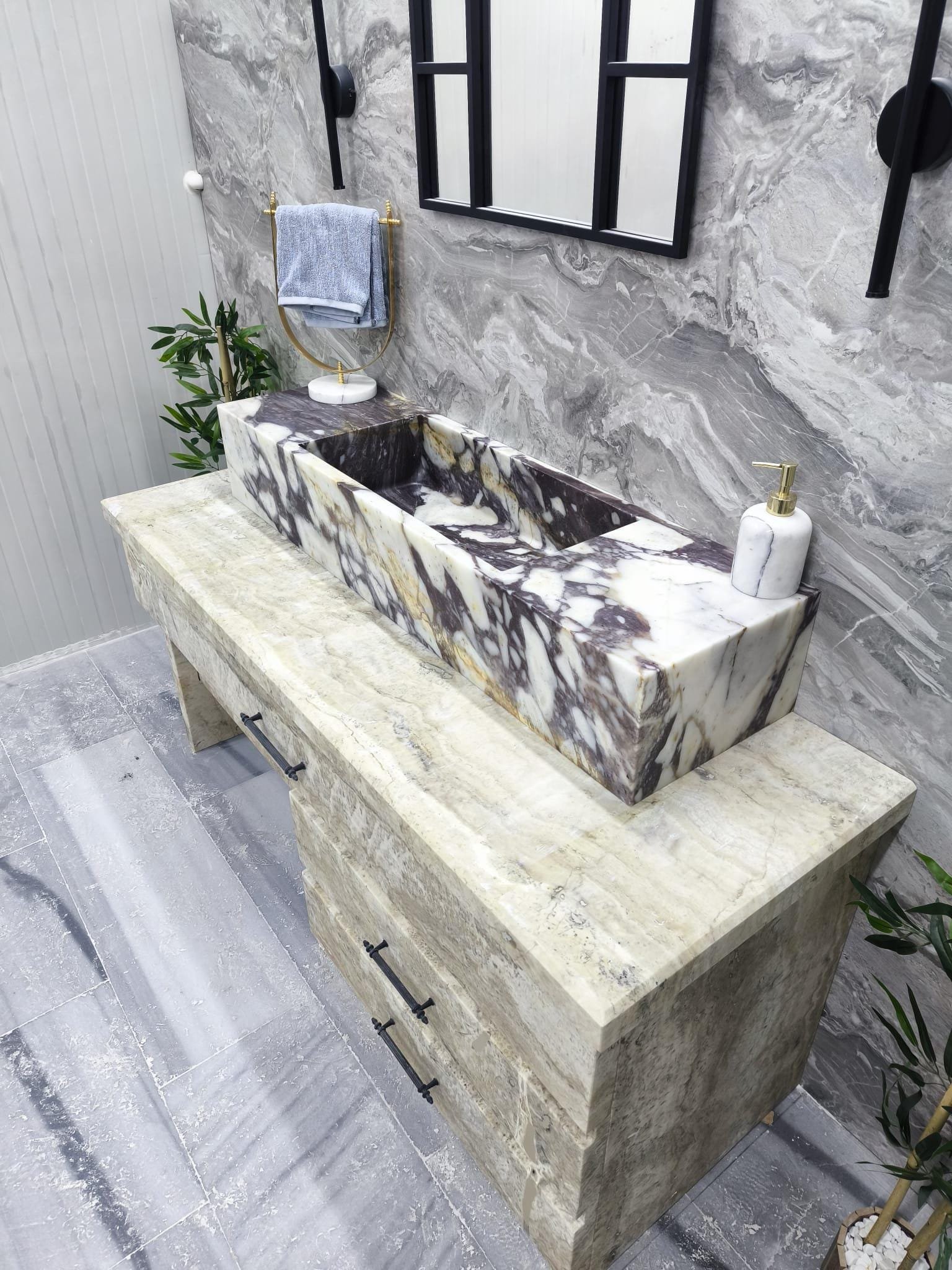 Calacatta Violet Mermer Lavabo – Modern Dikdörtgen Lüks Banyo Tezgahı (48") - Görsel 7