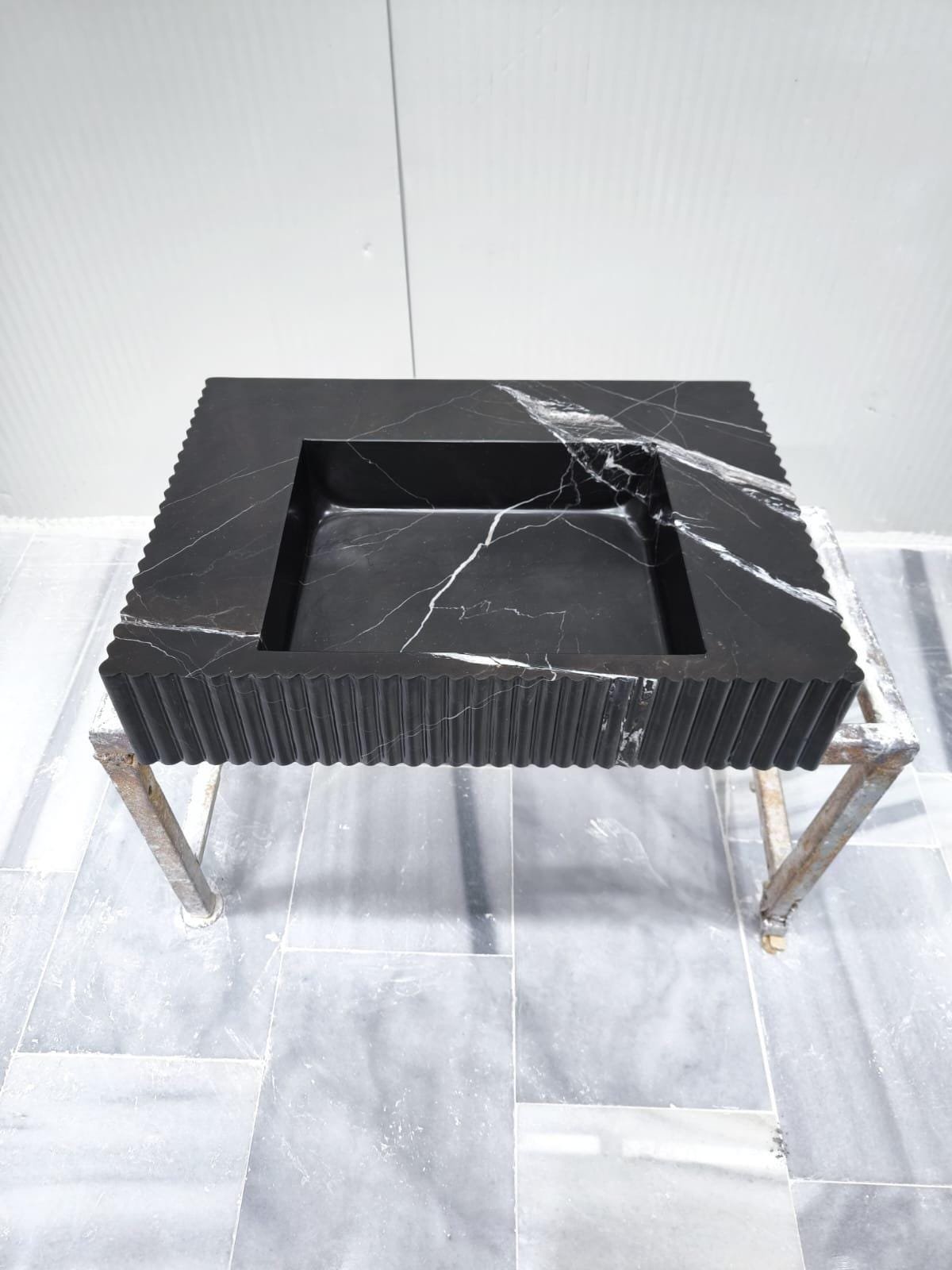 Nero Marquina Mermer Lavabo – Yivli Dikdörtgen Siyah Lüks Banyo Tezgahı - Görsel 4