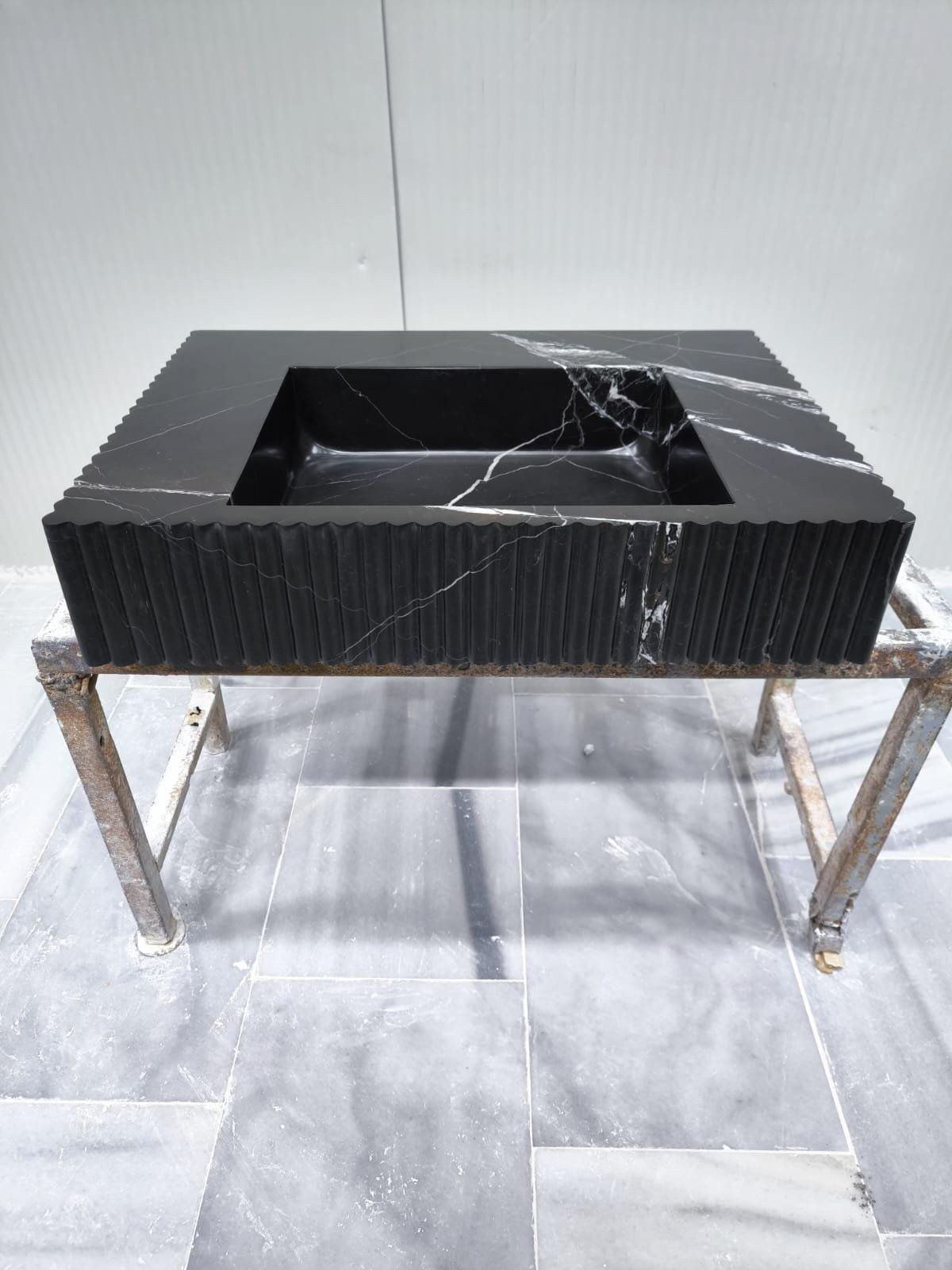 Nero Marquina Mermer Lavabo – Yivli Dikdörtgen Siyah Lüks Banyo Tezgahı - Görsel 9
