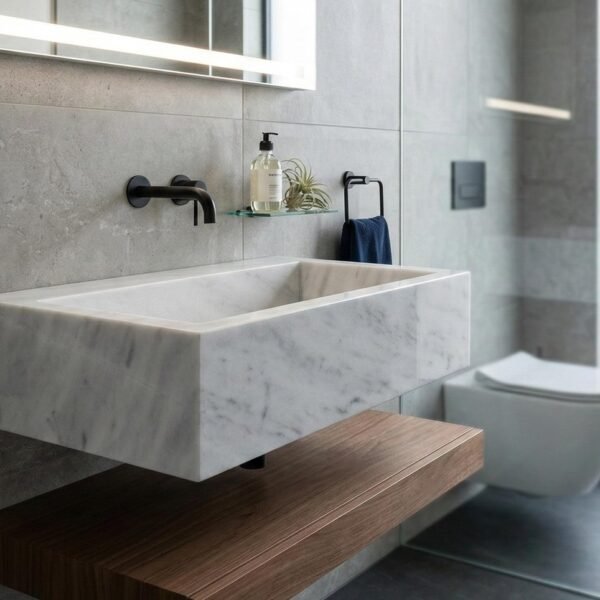 Carrara Beyaz Mermer Lavabo – Duvar Tipi (Floating) Minimalist Lüks Banyo Tezgahı (20")