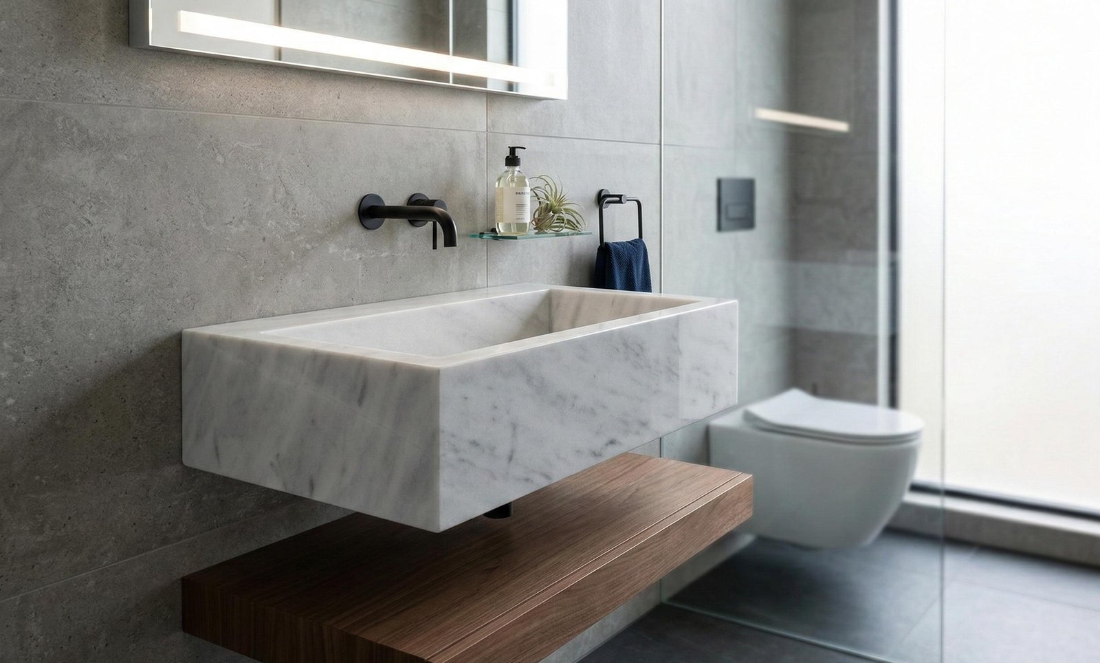 Carrara Beyaz Mermer Lavabo – Duvar Tipi (Floating) Minimalist Lüks Banyo Tezgahı (20")