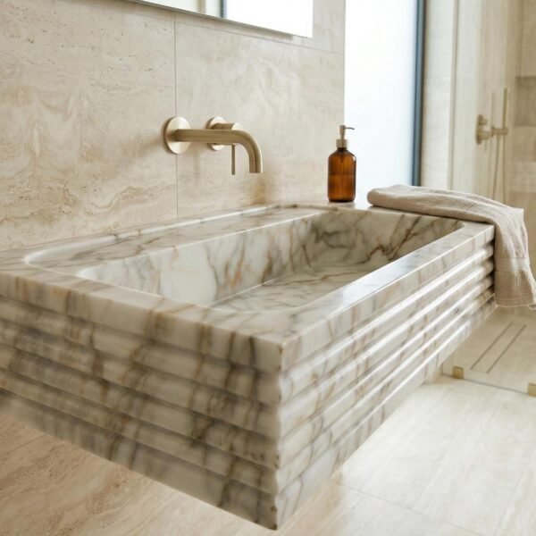 Calacatta Gold Mermer Lavabo – Yivli (Ribbed) Dikdörtgen Duvar Tipi Lüks Banyo Lavabosu (24")