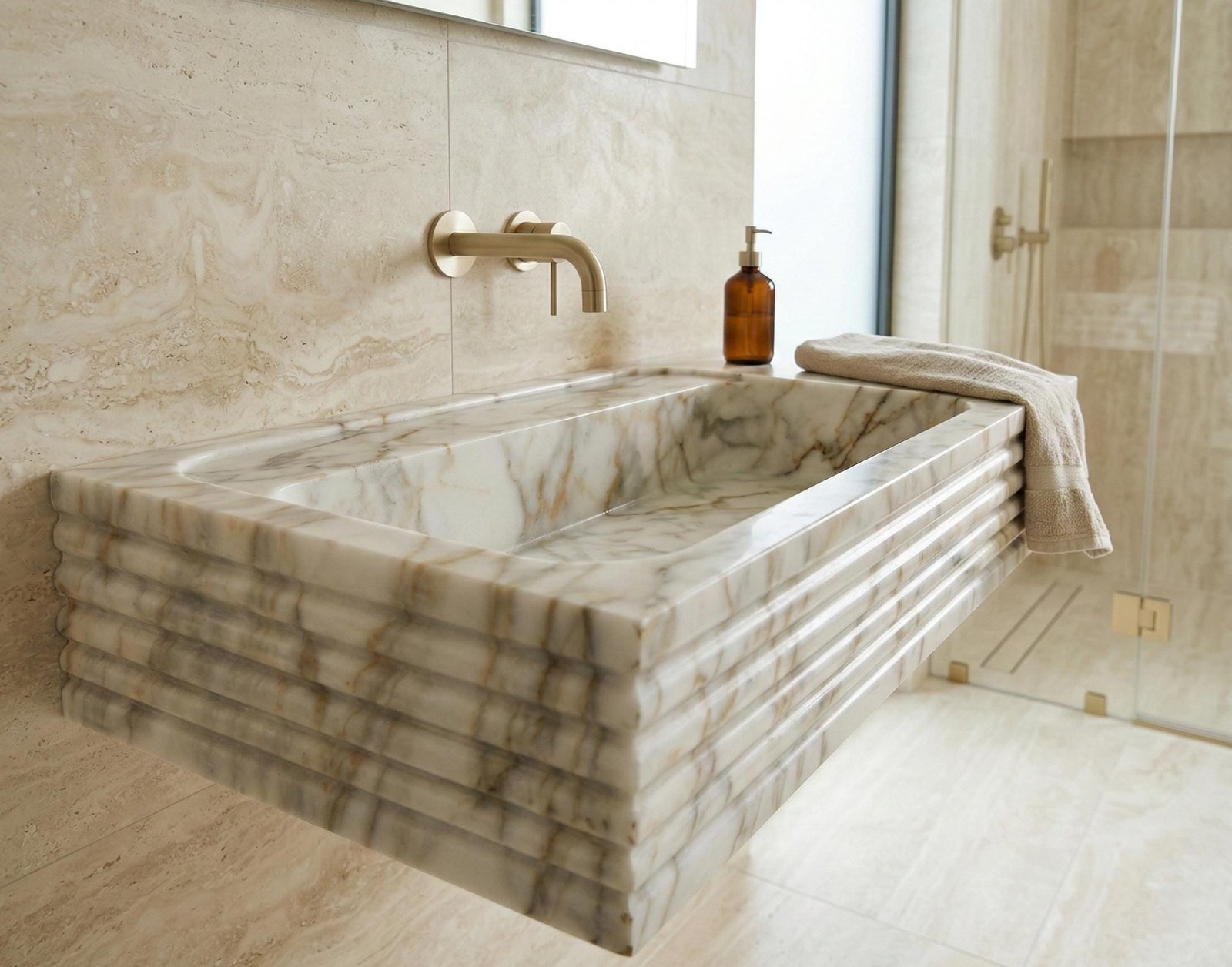 Calacatta Gold Mermer Lavabo – Yivli (Ribbed) Dikdörtgen Duvar Tipi Lüks Banyo Lavabosu (24")