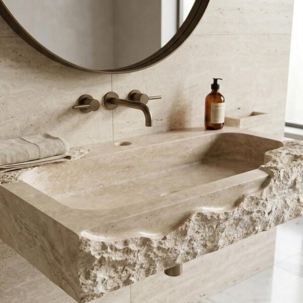 Traverten Taş Lavabo – Split Face (Yontulmuş) Dikdörtgen Duvar Tipi Banyo Lavabosu (24")