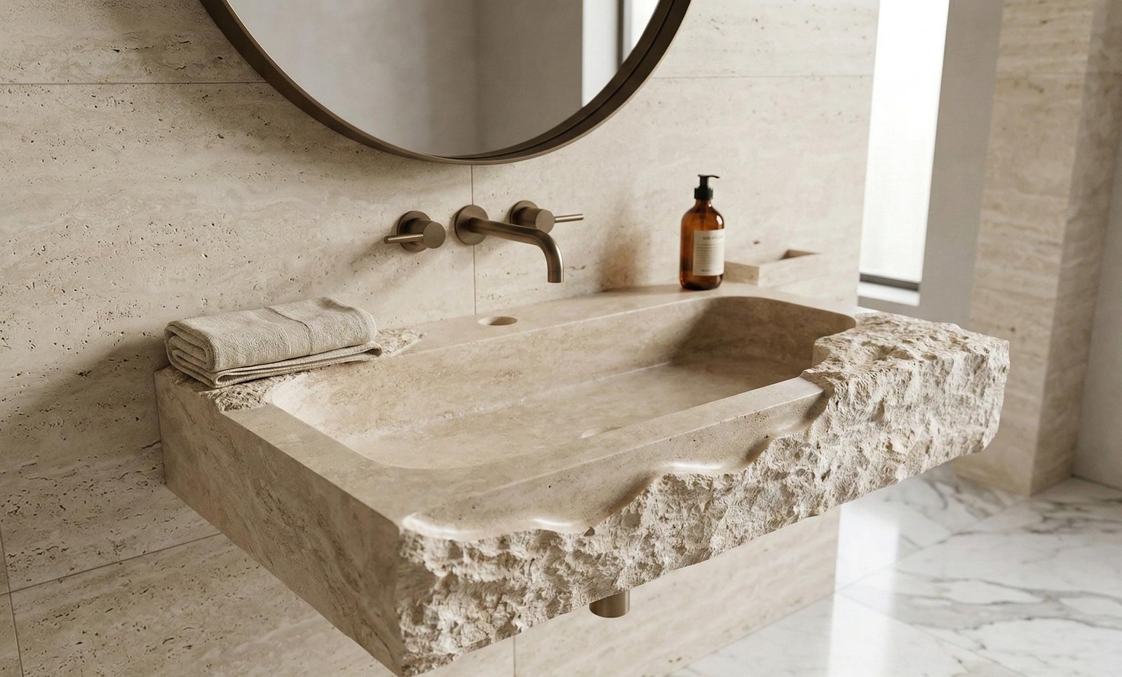 Traverten Taş Lavabo – Split Face (Yontulmuş) Dikdörtgen Duvar Tipi Banyo Lavabosu (24")