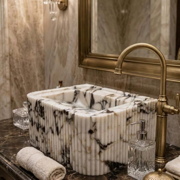 Calacatta Viola Mermer Lavabo – Yivli (Fluted) Dikdörtgen Duvar Tipi Lüks Banyo Lavabosu (22")