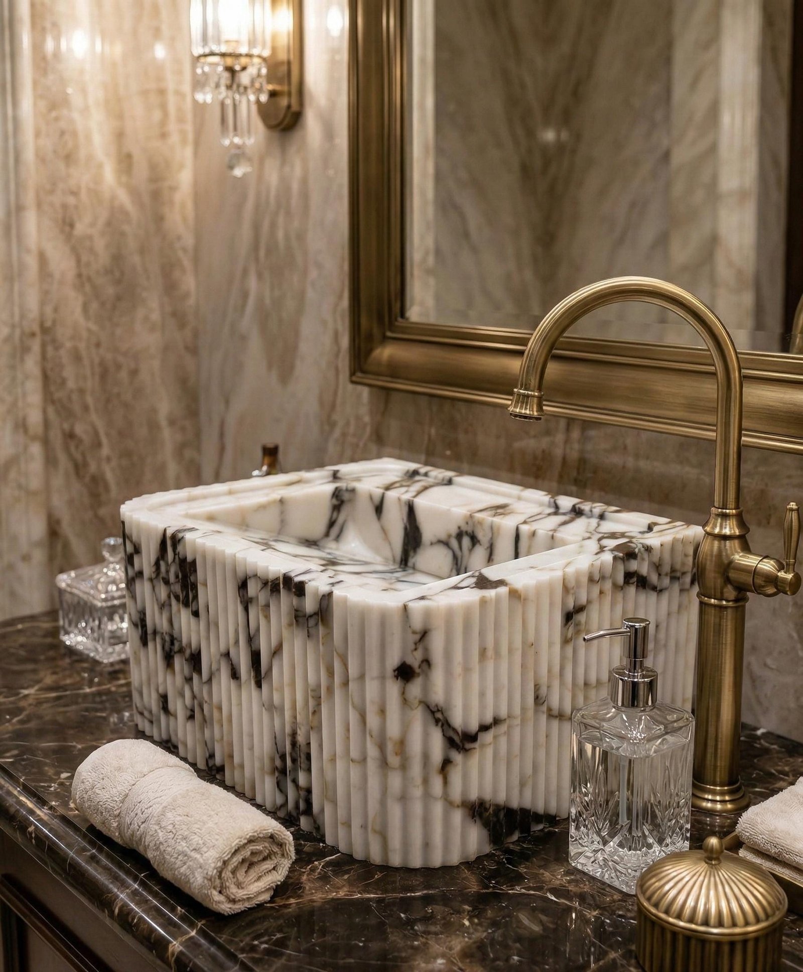 Calacatta Viola Mermer Lavabo – Yivli (Fluted) Dikdörtgen Duvar Tipi Lüks Banyo Lavabosu (22")