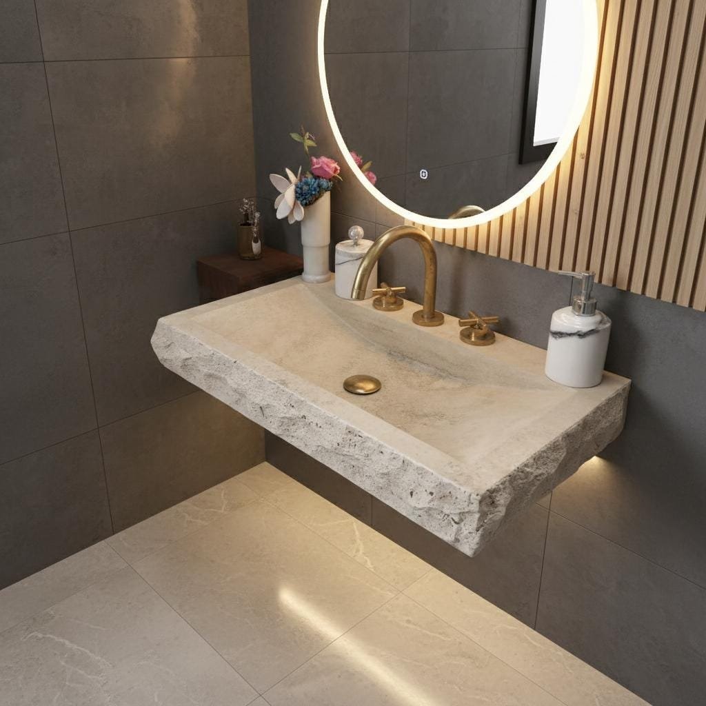 Split Face Traverten Lavabo – Duvara Monte Rustik Doğal Taş Banyo Tezgahı