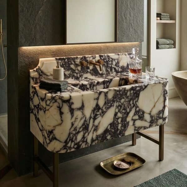 Calacatta Viola Mermer Lavabo – Sırt Panelli Heykelsi Modern Taş Banyo Tezgahı (35")