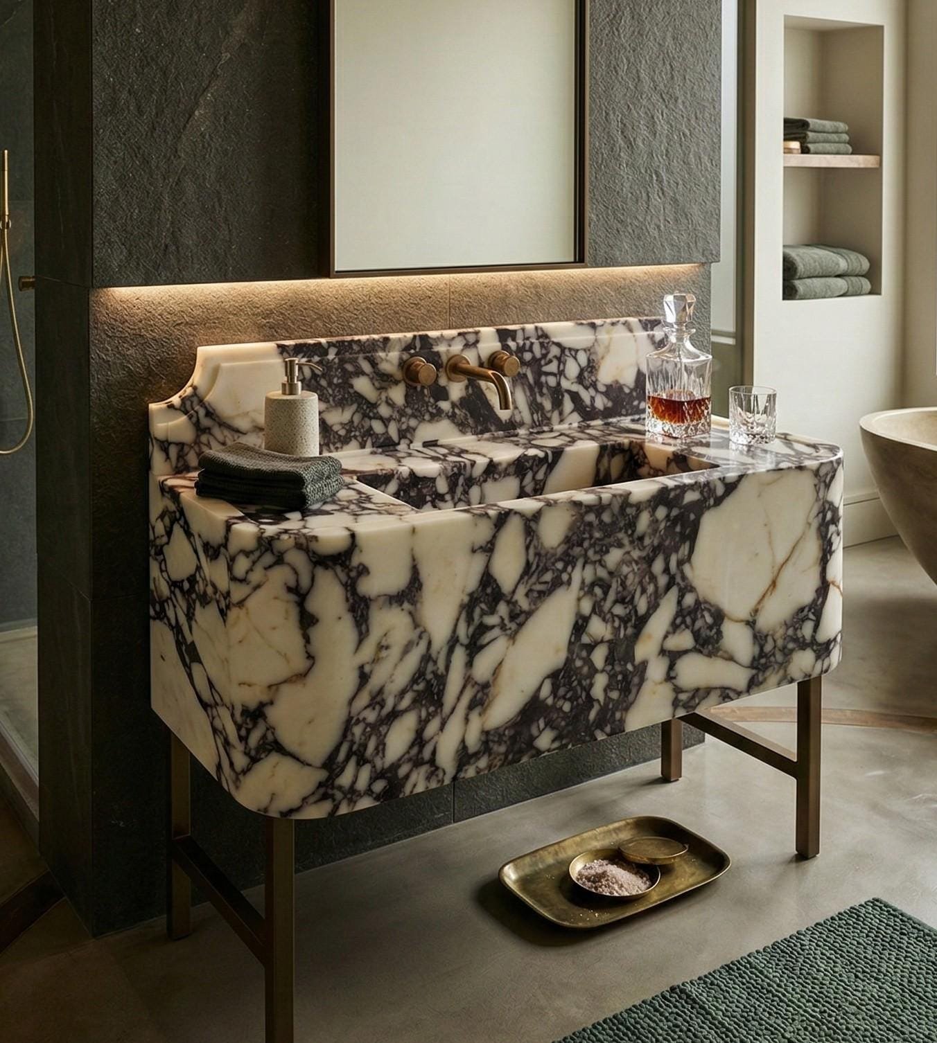 Calacatta Viola Mermer Lavabo – Sırt Panelli Heykelsi Modern Taş Banyo Tezgahı (35")