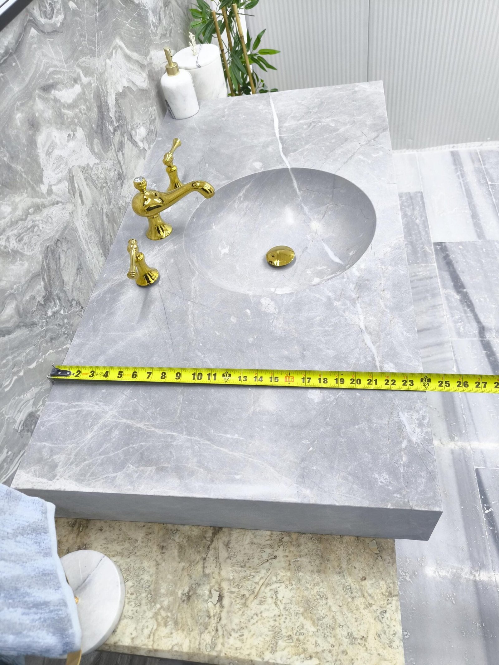 Tundra Gri Mermer Lavabo – Entegre Yuvarlak Hazneli Monoblok Lüks Banyo Tezgahı (117 cm) - Görsel 6