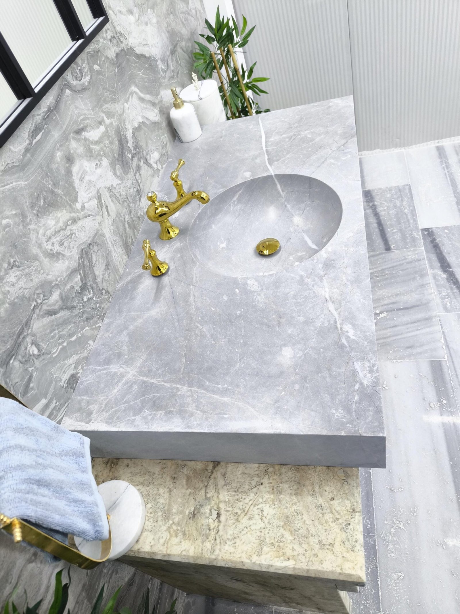 Tundra Gri Mermer Lavabo – Entegre Yuvarlak Hazneli Monoblok Lüks Banyo Tezgahı (117 cm) - Görsel 5