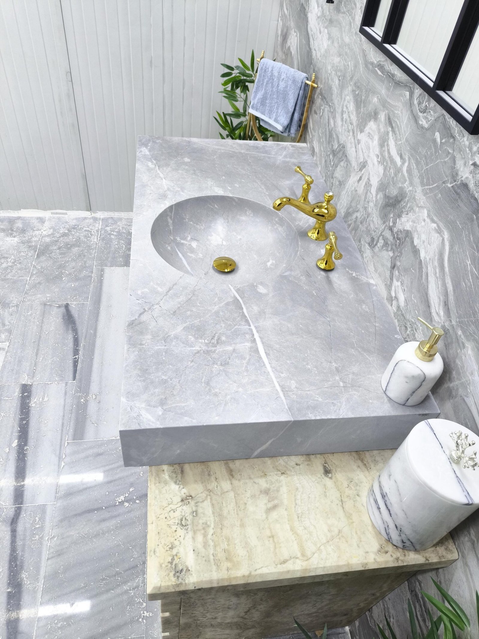 Tundra Gri Mermer Lavabo – Entegre Yuvarlak Hazneli Monoblok Lüks Banyo Tezgahı (117 cm) - Görsel 3