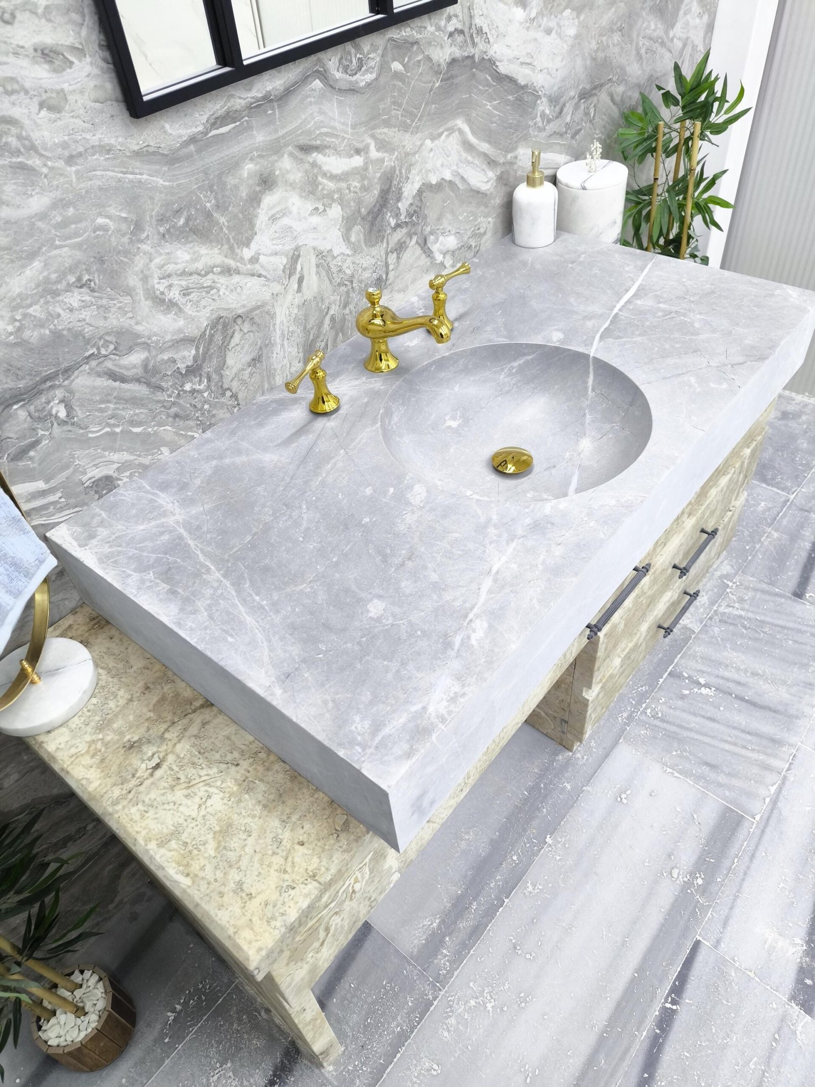 Tundra Gri Mermer Lavabo – Entegre Yuvarlak Hazneli Monoblok Lüks Banyo Tezgahı (117 cm) - Görsel 4