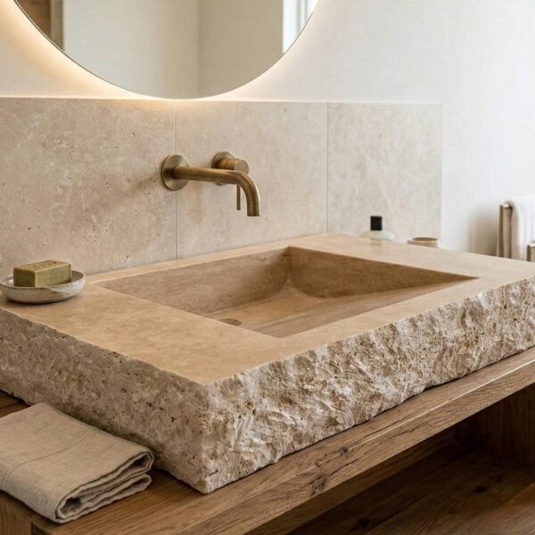 Traverten Mermer Lavabo – Doğal Kenarlı Rustic Tasarım Vanity