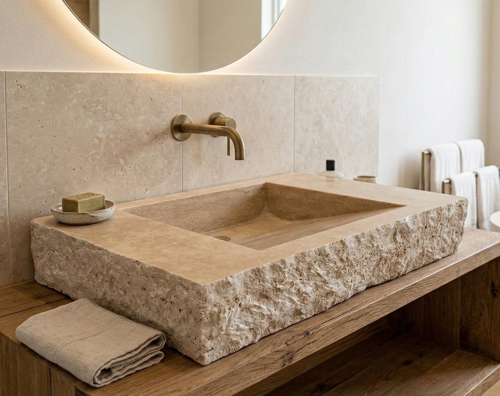 Traverten Mermer Lavabo – Doğal Kenarlı Rustic Tasarım Vanity