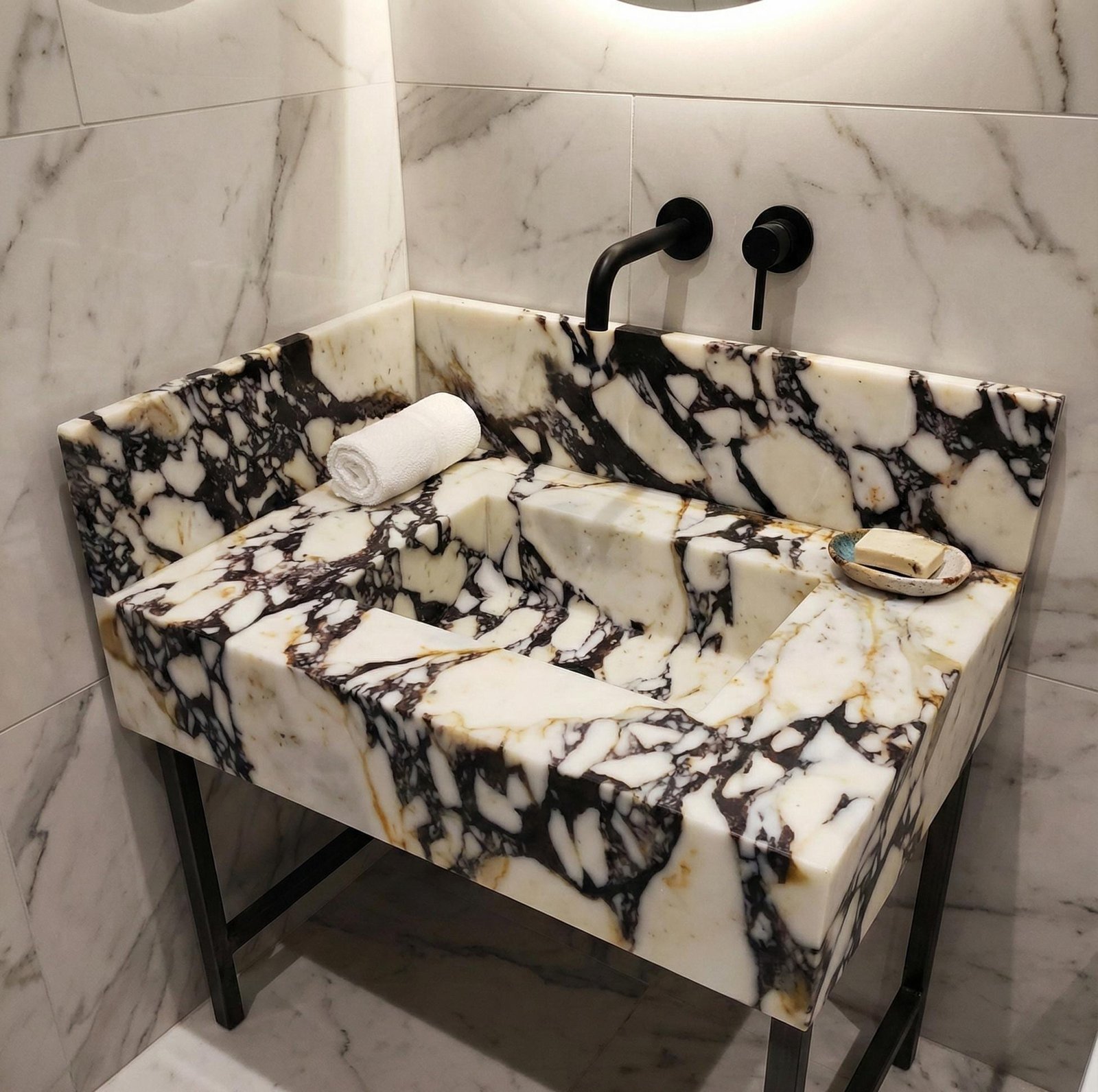 Calacatta Viola Mermer Lavabo – Sırt Panelli Tezgahlı Lüks Banyo Vanity (28")