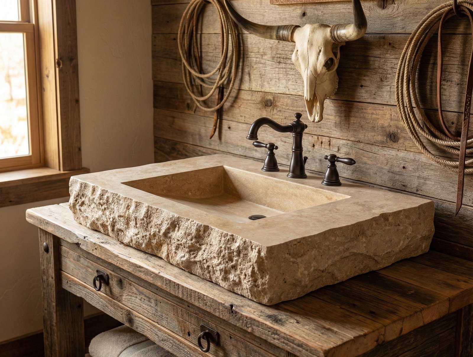 Rustik Traverten Lavabo – Doğal Kenar Dokulu El Yapımı Banyo Tezgahı