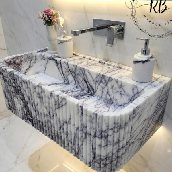 Lilac Mermer Lavabo – El Oyma Ribbed Kenarlı, Yuvarlatılmış Köşeli Duvar Tipi Banyo Lavabosu