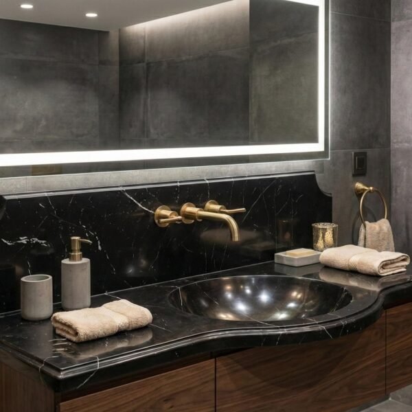 Nero Marquina Mermer Lavabo – Kavisli Ön Yüzeyli Sırt Panelli Siyah Lüks Banyo Tezgahı