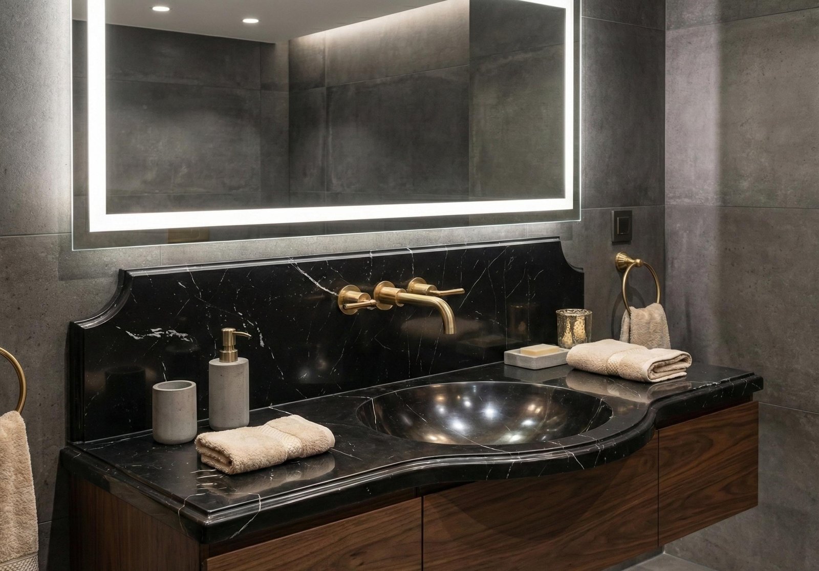 Nero Marquina Mermer Lavabo – Kavisli Ön Yüzeyli Sırt Panelli Siyah Lüks Banyo Tezgahı