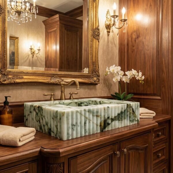 Calacatta Monet Mermer Lavabo – Yivli (Fluted) 33” Lüks Sanatsal Banyo Tezgahı