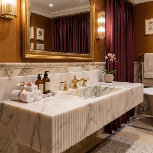 Calacatta Gold Mermer Lavabo – Duvar Montajlı, Geniş Ölçekli Lüks Vanity (70")