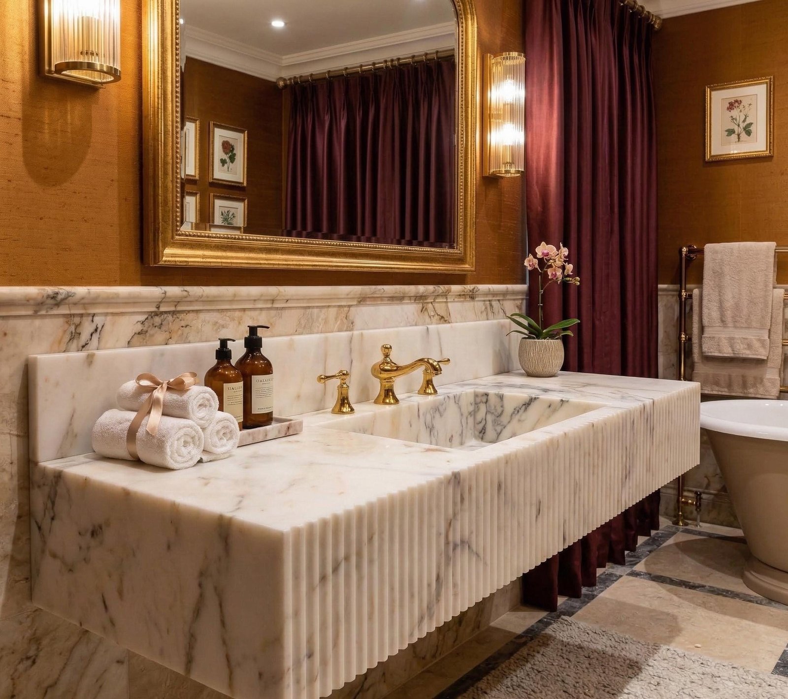 Calacatta Gold Mermer Lavabo – Duvar Montajlı, Geniş Ölçekli Lüks Vanity (70")