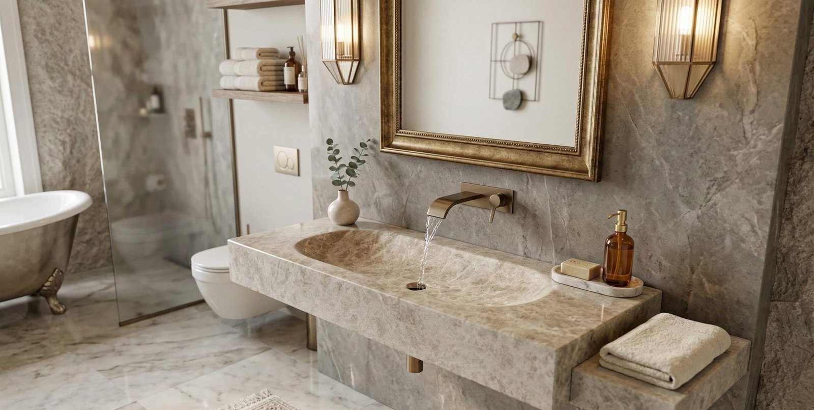 Tundra Gri Mermer Lavabo – Geniş Dikdörtgen Vessel (Tezgah Üstü) Lüks Taş Lavabo (120 cm)