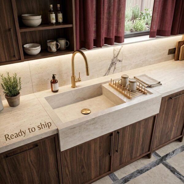 Traverten Tezgah Üstü Lavabo – Doğal Taş Modern Vessel Sink (30")