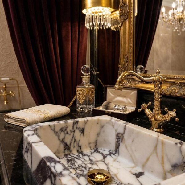 Calacatta Viola Mermer Lavabo – Parlak (Polished) Dikdörtgen Duvar Tipi Lüks Banyo Lavabosu (24")