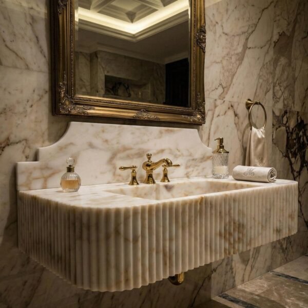 Calacatta Gold Mermer Lavabo – Yivli (Fluted) Sırt Panelli 42” Lüks Duvar Tipi Banyo Tezgahı