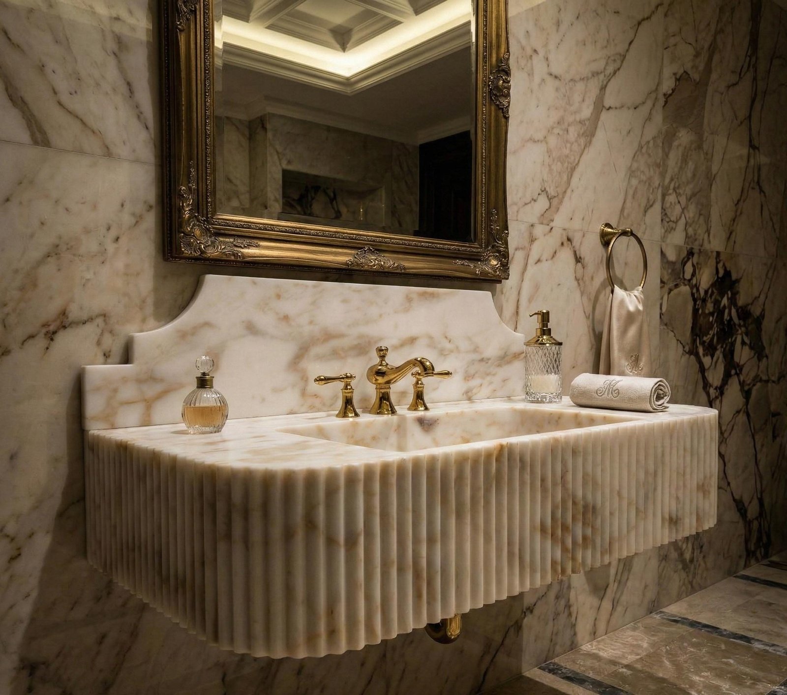 Calacatta Gold Mermer Lavabo – Yivli (Fluted) Sırt Panelli 42” Lüks Duvar Tipi Banyo Tezgahı