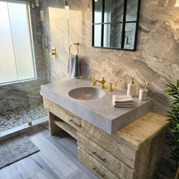 Tundra Gri Mermer Lavabo – Entegre Yuvarlak Hazneli Monoblok Lüks Banyo Tezgahı (117 cm)