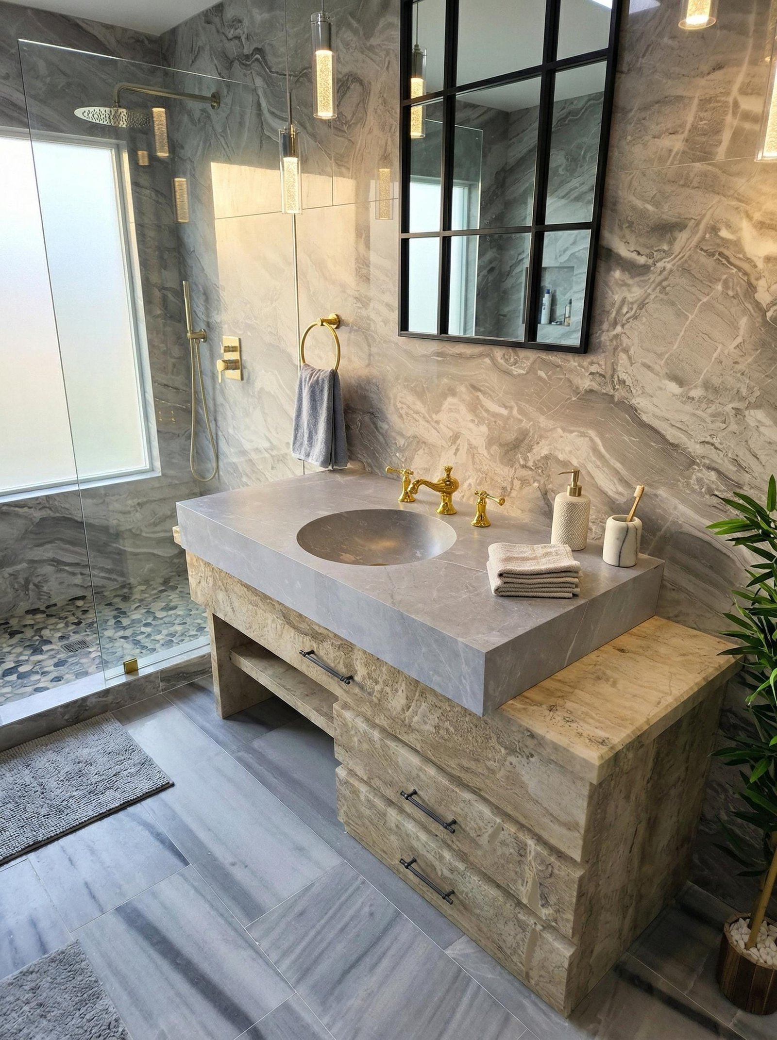 Tundra Gri Mermer Lavabo – Entegre Yuvarlak Hazneli Monoblok Lüks Banyo Tezgahı (117 cm)