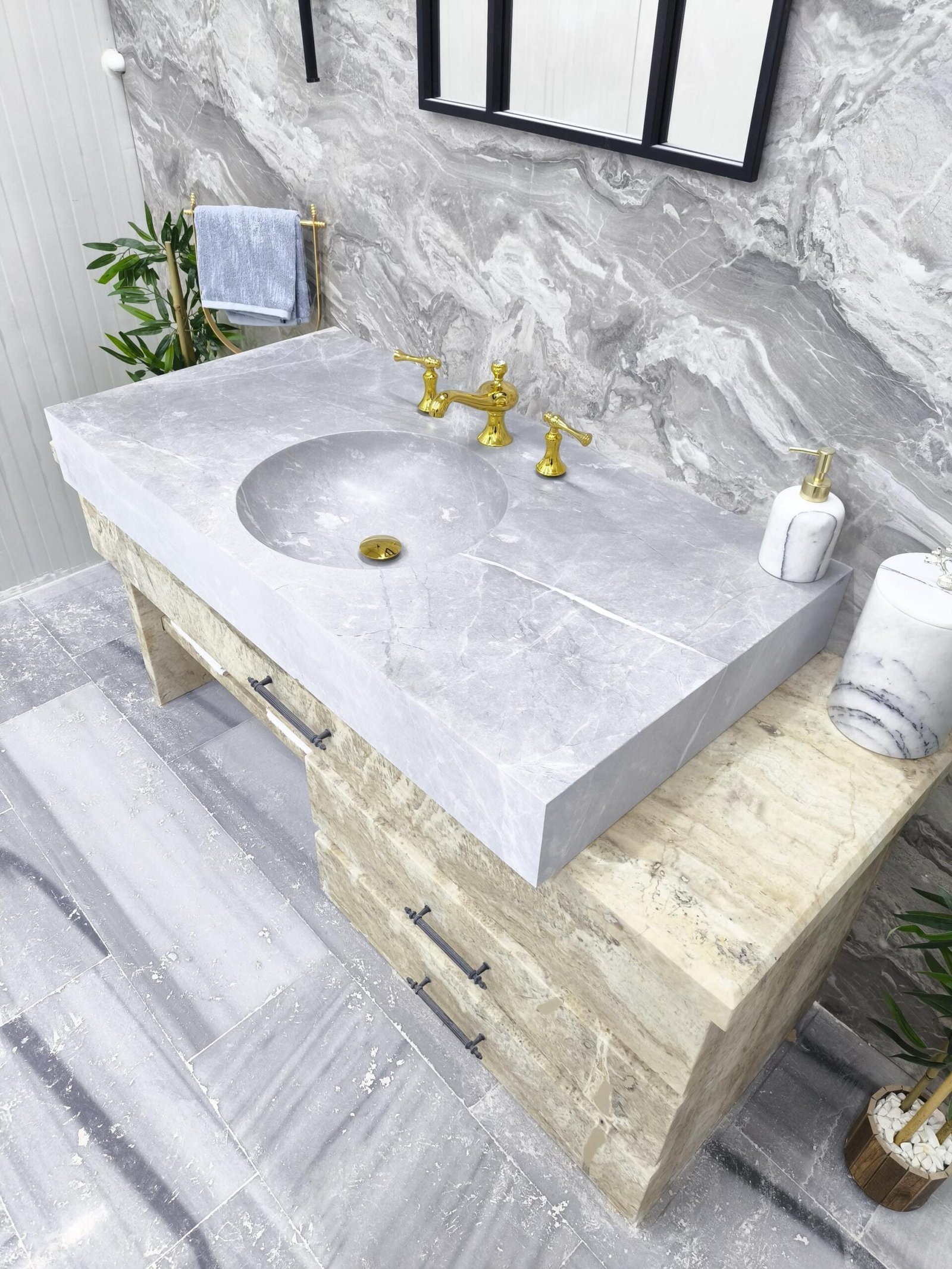 Tundra Gri Mermer Lavabo – Entegre Yuvarlak Hazneli Monoblok Lüks Banyo Tezgahı (117 cm) - Görsel 2
