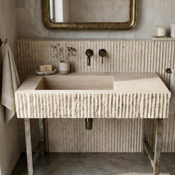 Traverten Taş Lavabo – El Yapımı Dikdörtgen Minimalist Banyo Tezgahı (32")