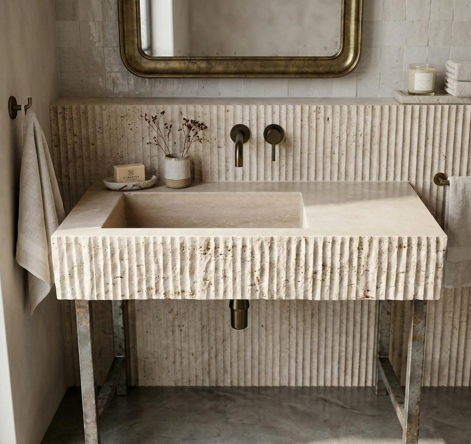 Traverten Taş Lavabo – El Yapımı Dikdörtgen Minimalist Banyo Tezgahı (32")