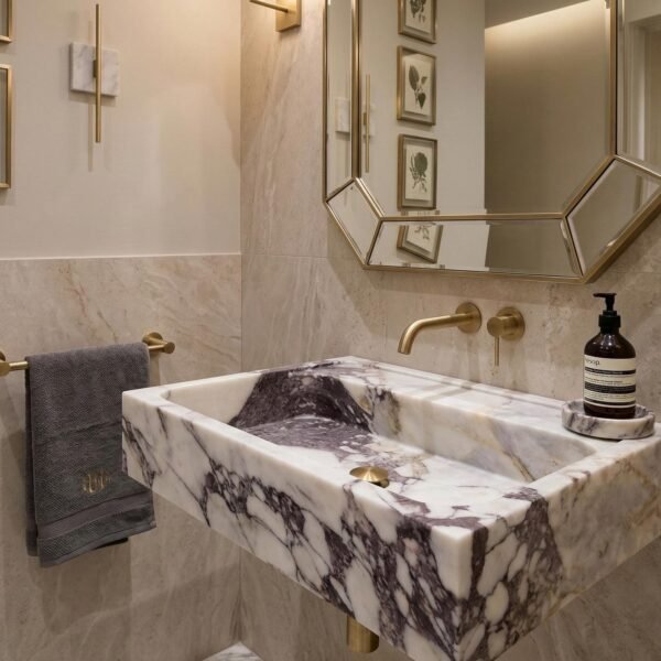 Calacatta Viola Mermer Lavabo – Dikdörtgen Vessel (Tezgah Üstü) Lüks Taş Lavabo (24")