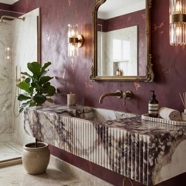 Calacatta Monet Mermer Lavabo – Duvar Montajlı, Geniş Dikdörtgen Lüks Vanity (55")