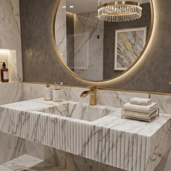 Carrara Mermer Lavabo – Oyma (Grooved) Ön Yüzeyli Duvara Monte Lüks Vanity