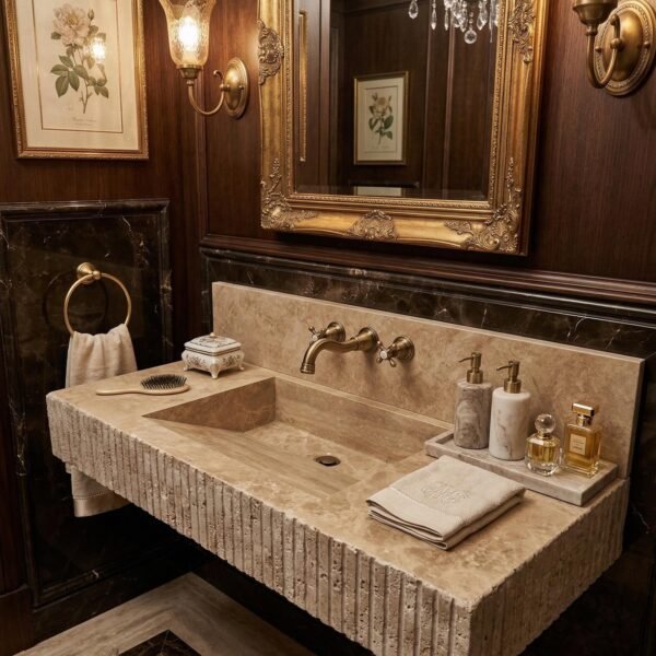 Traverten Mermer Lavabo – Backsplash’lı Duvara Monte Dikdörtgen Vanity