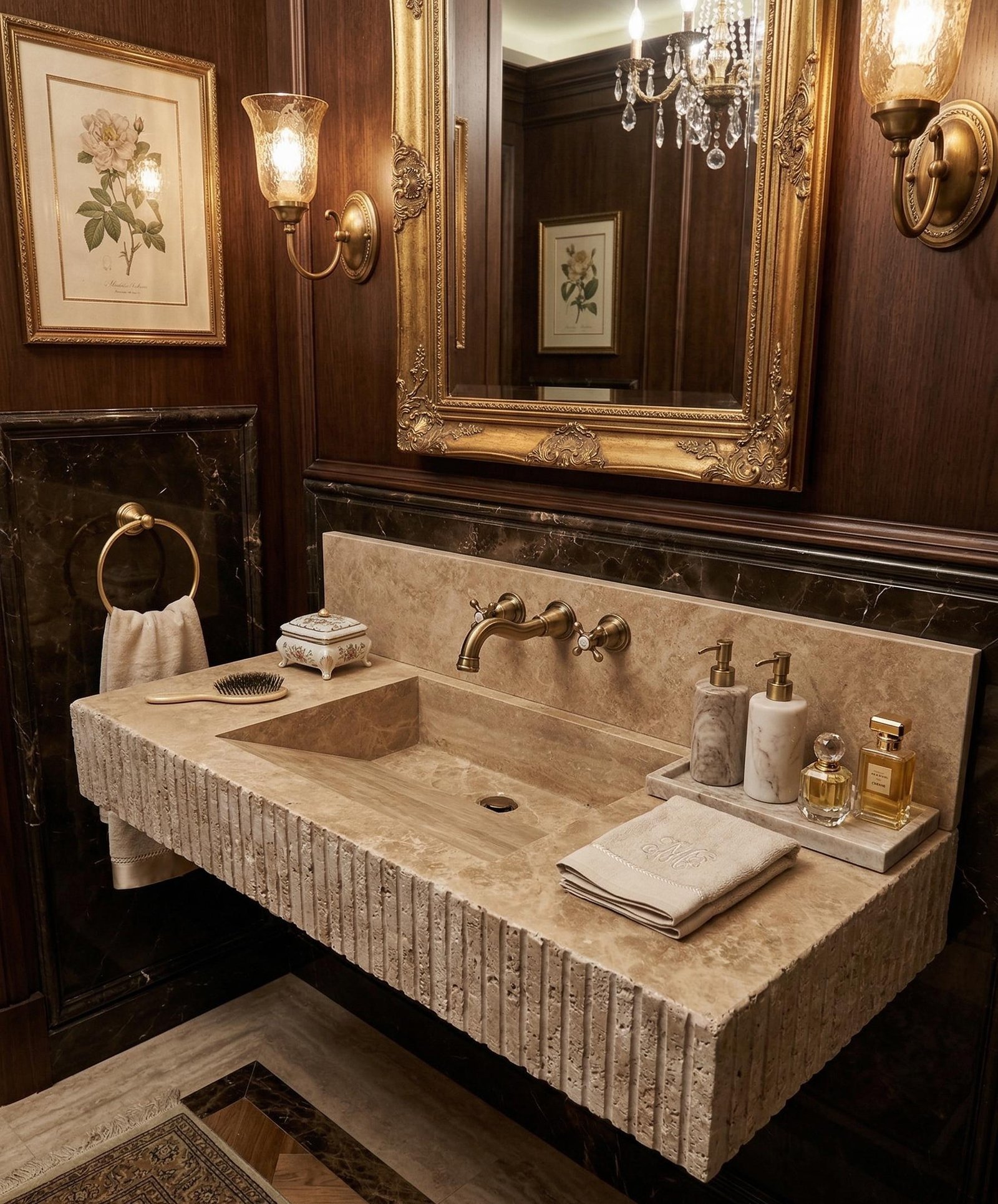 Traverten Mermer Lavabo – Backsplash’lı Duvara Monte Dikdörtgen Vanity