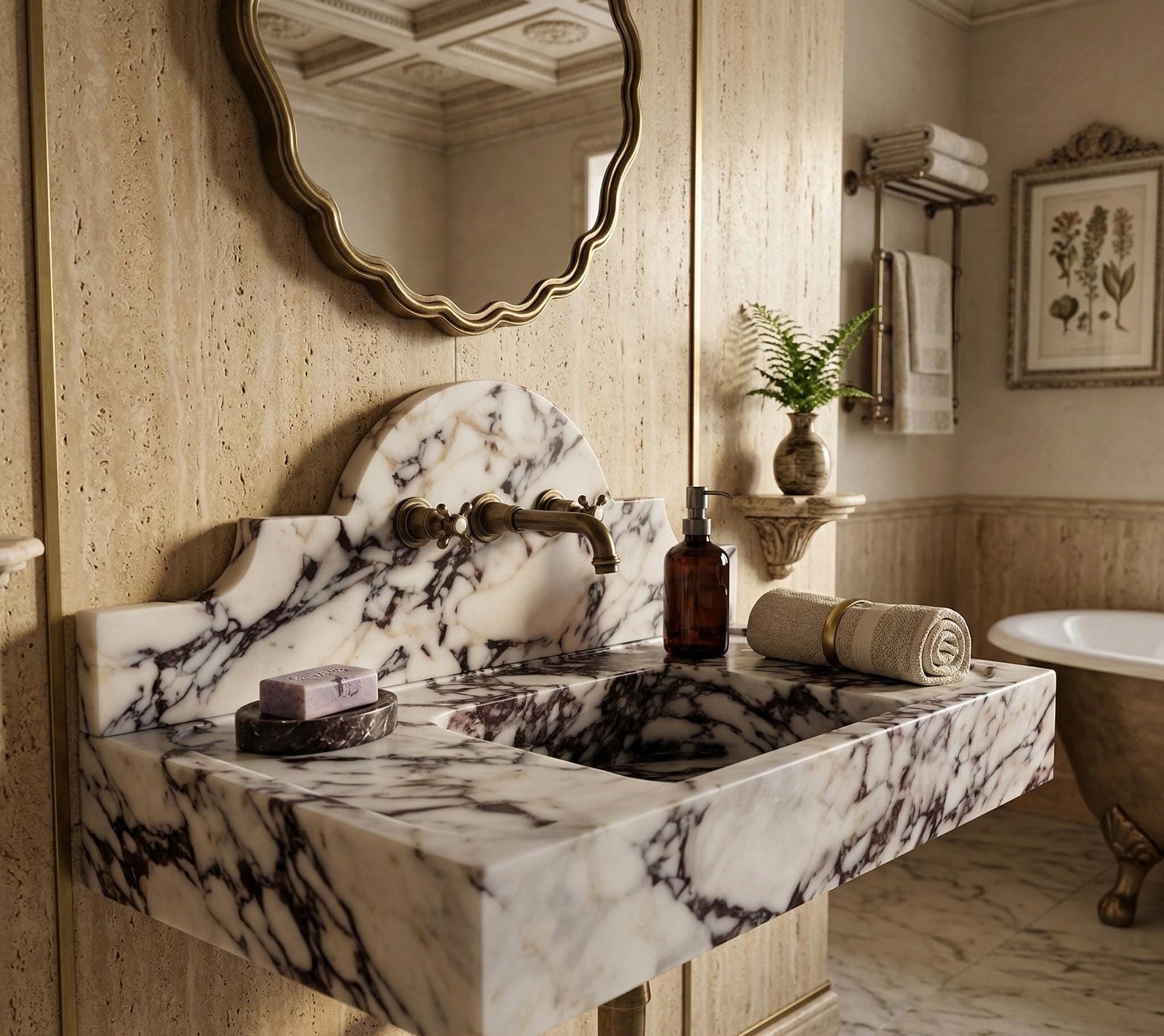 Calacatta Viola Mermer Lavabo – Duvar Montajlı, Sırtlıklı Dikdörtgen Lüks Banyo Lavabosu (24")