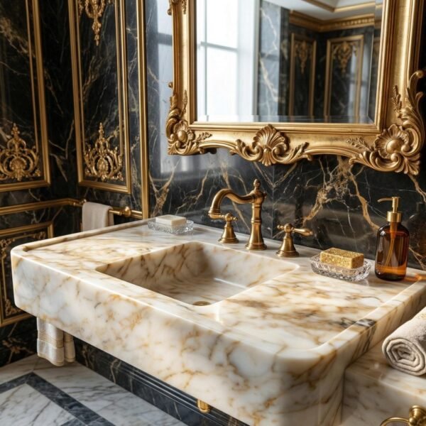 Altın Tonlu Mermer Lavabo – El Yapımı Lüks Bathroom Vanity Sink