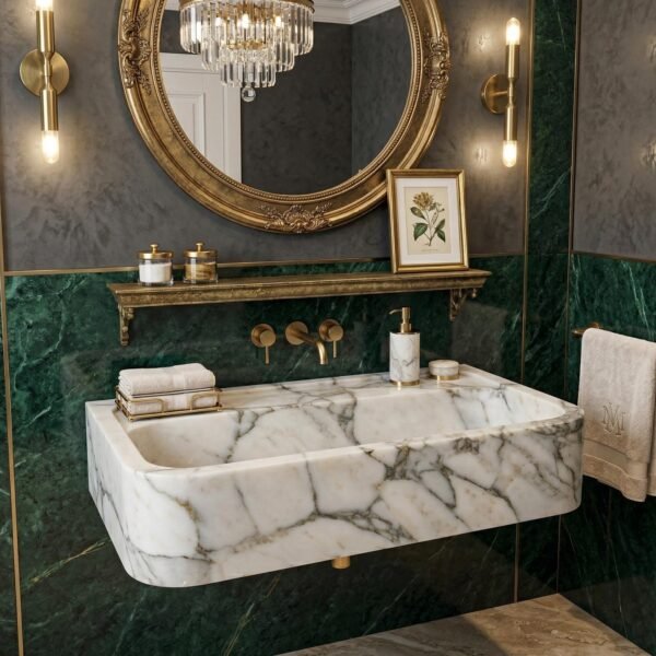 Calacatta Monet Mermer Lavabo – El Oyması Dikdörtgen Duvara Monte Lüks Vanity