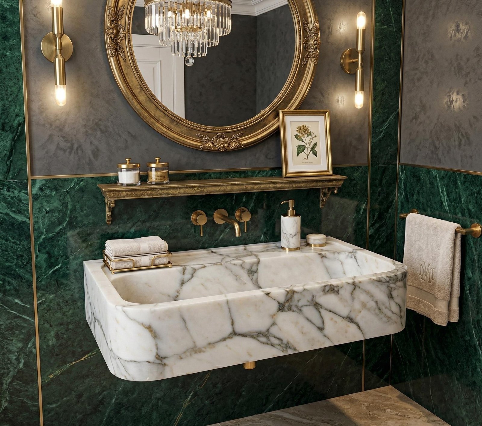 Calacatta Monet Mermer Lavabo – El Oyması Dikdörtgen Duvara Monte Lüks Vanity