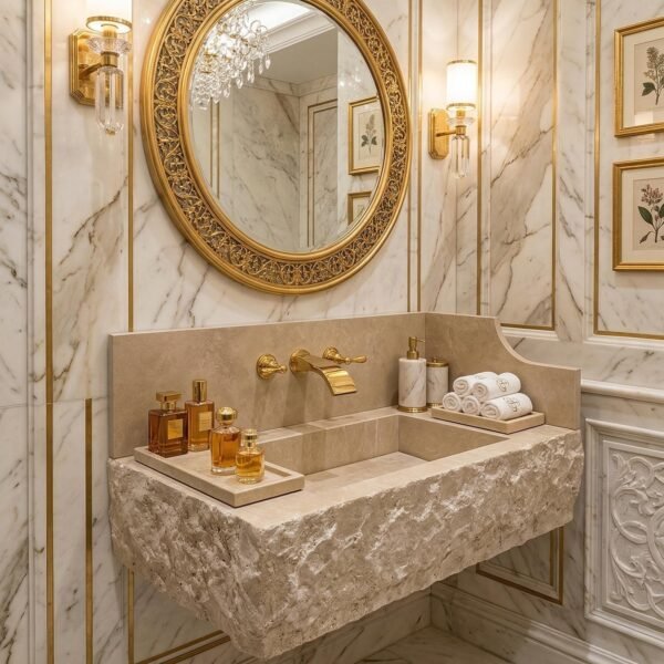 Traverten Mermer Lavabo – Backsplash’lı Dikdörtgen Doğal Taş Vanity